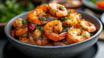 Fototapeta premium A vibrant bowl of perfectly cooked, spicy shrimp garnished with herbs and dried chili, showcasing the enticing colors and textures of this delectable seafood dish.