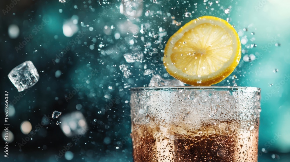 Poster a glass of fizzing soda with a lemon slice creates a refreshing explosion of bubbles, embodying mome