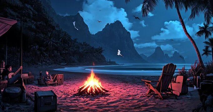 Pixelated video of a beach scene at night. A bonfire illuminates the foreground with shades of orange and red. Palm trees and mountains form the background in shades of blue and black