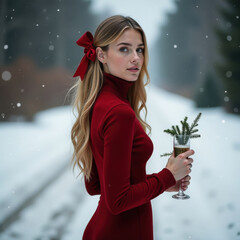 Young woman in a red dress stands in snowy landscape, holding a glass with evergreen sprigs. Her hair has a red bow, and snowflakes fall gently around her setting a festive mood