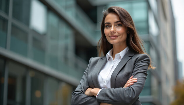 Confident businesswoman portrait urban environment. Pro woman in suit with arms crossed smiling. Leadership entrepreneur concept. Office building background. Modern corporate design business person.