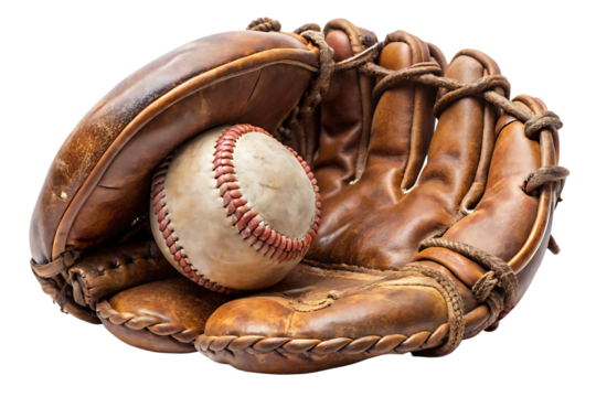 Vintage worn leather baseball glove cradling a textured old baseball with red stitching isolated on a transparent background
