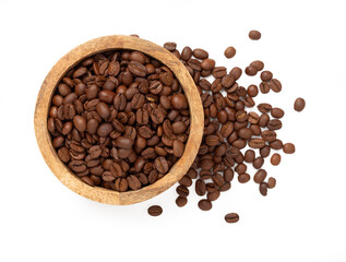 Bowl with coffee beans isolated on white,top view