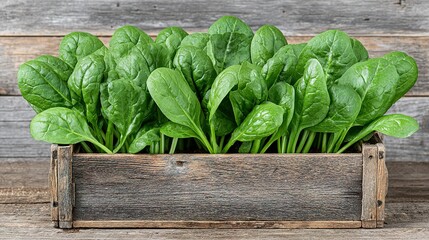 Fresh spinach leaves in a rustic wooden crate.