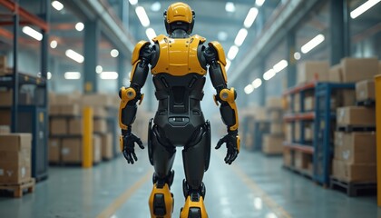 Robotic exoskeleton suit in industrial warehouse, enhancing human capabilities. Tech innovation in logistics, improving worker safety, efficiency in material handling. Concept of automation, future