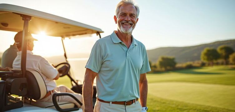 Smiling senior man ready to play golf, near golf cart on green course. Happy mature golfer, sport activity, healthy lifestyle outdoors. Summer vacation, recreation, leisure time, fun game.