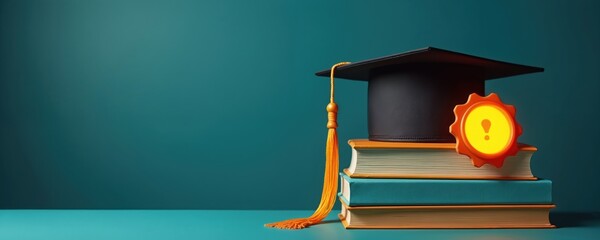 Online learning concept, graduation cap books, glowing badge on student profile. E-learning certification course symbol. Education digital platform, modern knowledge acquisition. Success achievement,