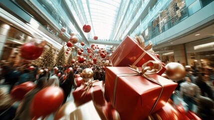A bustling shopping mall filled with colorful gift boxes and holiday decorations, capturing the festive spirit as shoppers hustle and bustle for Christmas gifts and decorations.