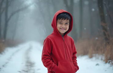 Portrait of young south asian boy in winter morning. Smiling child wears red hoodie in snow-covered road. Foggy forest background evokes feeling of peace and tranquility. Concept of rural childhood.