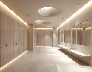 Modern gym changing area, designed for pre-workout preparation. Interior features beige lockers, mirrors, wooden benches. Elegant, minimalist design, neutral tones with indirect lighting, clean,