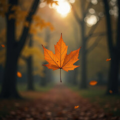 Autumn leaf floats mid-air in a serene forest setting, with trees lining a path that fades into the distance. Sunlight filters through the branches, creating a warm, ethereal ambiance