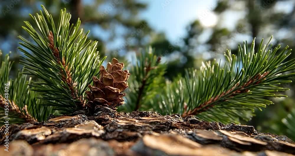 Poster close up view of pine tree bark with needles and cone with sunlight shining from background