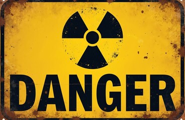 Warning sign with radiation hazard symbol, word Danger in bold letters. Grunge texture, yellow, black colors. Sign signifies alert, caution, safety in industrial zone, nuclear plant, laboratory.