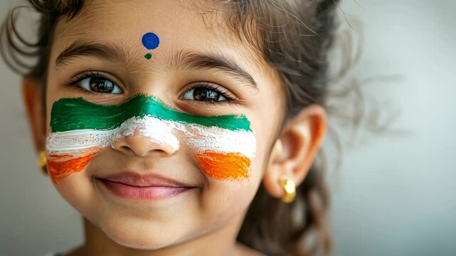 Joyful child with painted face displays national pride in vibrant colors