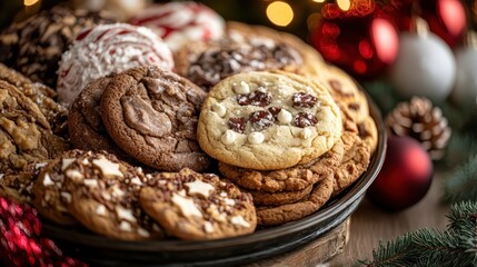 Obraz premium A delightful assortment of holiday cookies arranged on a platter, showcasing various textures and colors that evoke the warmth of festive season celebrations and gatherings.
