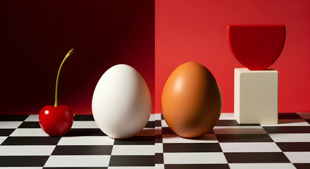 Abstract Composition With Cherry Eggs and Geometric Elements on Checkered Surface