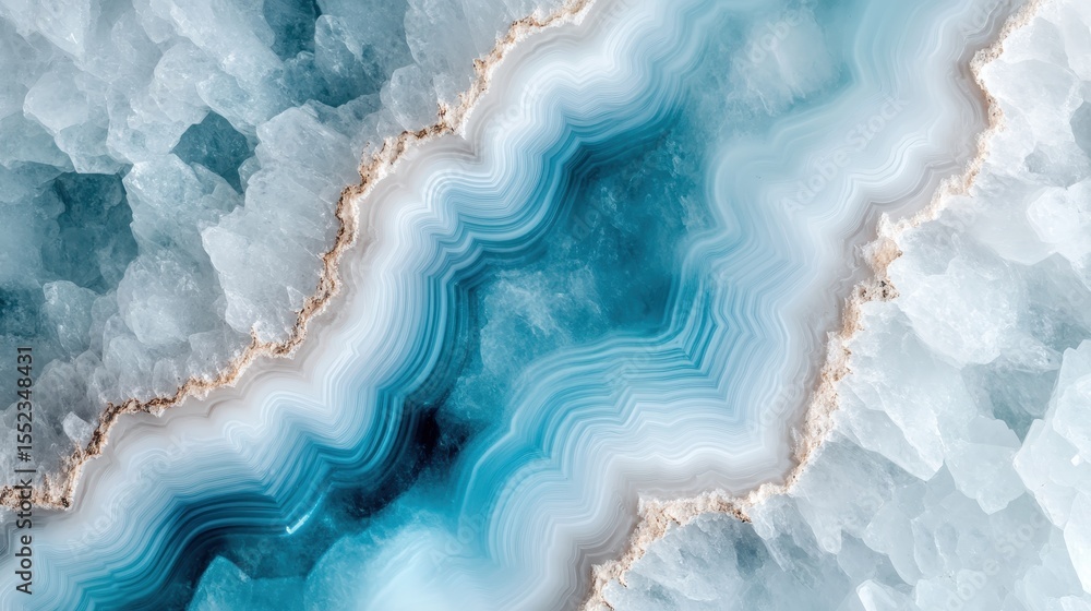 Poster stylized abstract design resembling a geode with vibrant blue and white colors, presenting a flowing