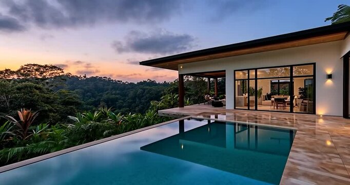 Luxury villa with infinity pool overlooking lush green landscape at sunset. Evening sky with vibrant colors creating a serene and inviting atmosphere