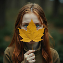 Young person with long red hair holding a large yellow maple leaf covering face, only eyes visible. Wearing a brown top, surrounded by a natural, blurred green setting, suggesting a forest
