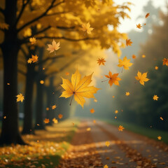 Golden autumn leaves gracefully fall along a scenic tree-lined path, creating a picturesque and tranquil atmosphere. Sunlight filters through the canopy, illuminating the serene setting