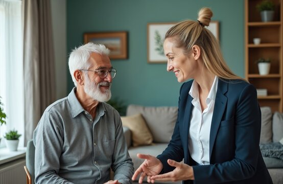 Social worker consults senior man during home visit. Woman in suit discusses with elderly man at home, supports, offers assistance, advice. Healthcare insurance concept, senior care. Financial