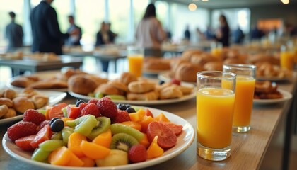 Breakfast buffet with fresh fruit pastries orange juice. Business people networking corporate event. Meeting or seminar with healthy delicious catering and refreshment.