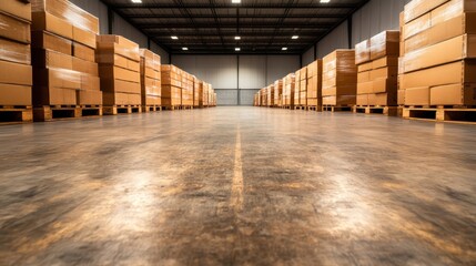 An expansive warehouse interior displaying rows of neatly stacked cardboard boxes on wooden pallets, emphasizing logistics and storage solutions in a modern industrial setting.