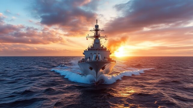 A powerful naval destroyer sails majestically through the ocean waters at sunset, creating a stunning silhouette against the vibrant sky and reflecting the strength of the maritime force.