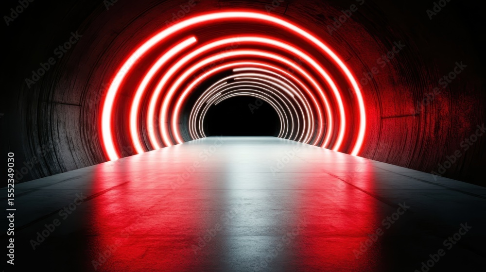 Poster a dark, futuristic tunnel with glowing red neon lights creates a captivating visual effect, emphasiz