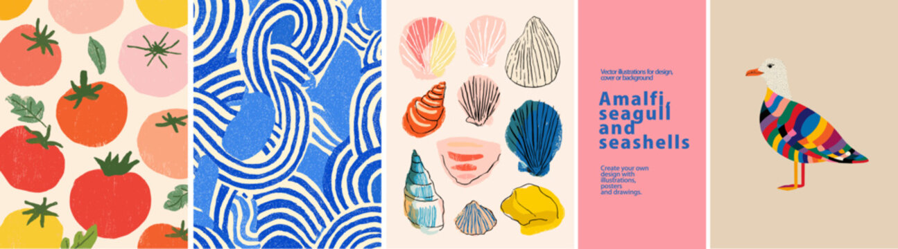 Amalfi vibes: Vector prints featuring seascapes, seagulls & shells. Bright colors, Italian style. Perfect for posters, backgrounds & summer designs.