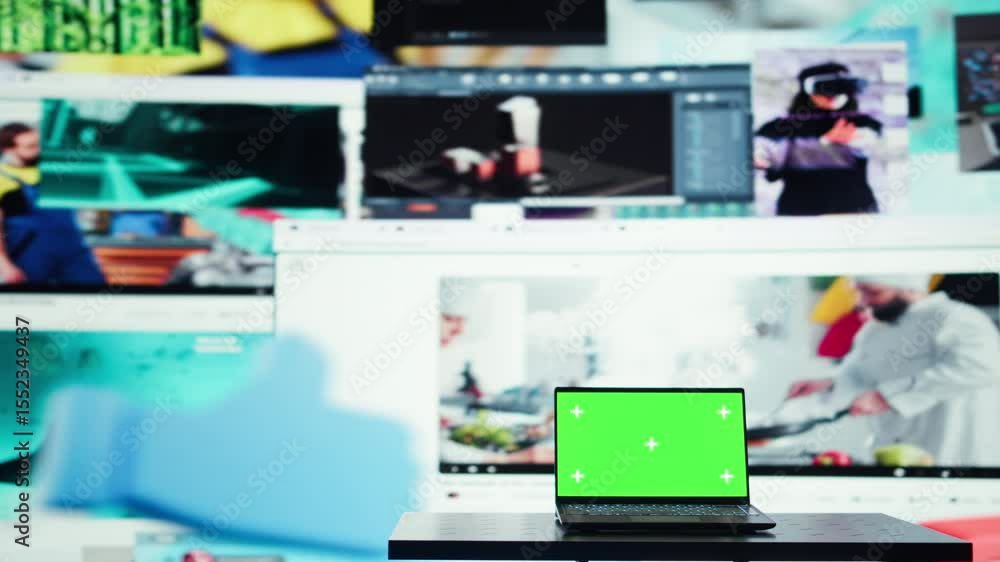 Poster chroma key notebook and video wall stacked with diverse entertainment media channels. isolated scree