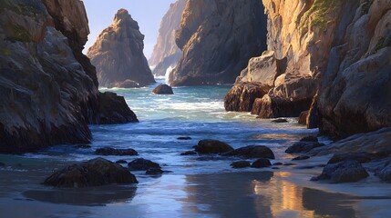 Fototapeta premium Serene ocean cove with rocks and calm waters, a tranquil coastal landscape perfect for relaxation or travel adventure