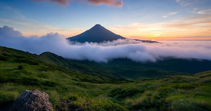Panoramic video still showcasing a mountain at sunset framed by clouds illuminated by orange and yellow hues green foliage foreground and soft lighting