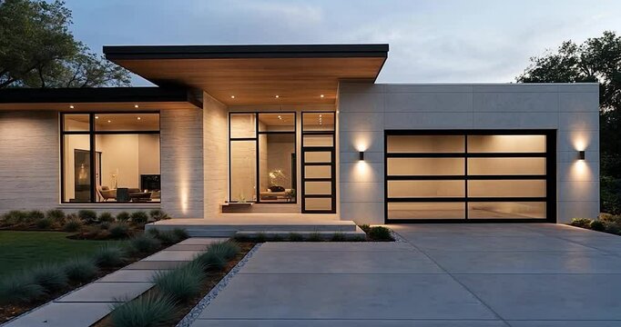 Modern single-story house exterior with glass garage door and walkway leading to the front door. Neutral color palette with evening lighting