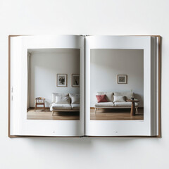 Open book showcasing interior photos of a minimalist living room with a white sofa, red pillow, wooden chair, and wall art. Page numbers 244, 245 visible along with text