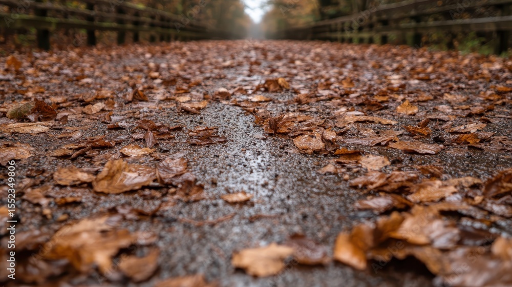 Poster a serene view of a forest pathway covered in golden autumn leaves, evoking a sense of tranquility an