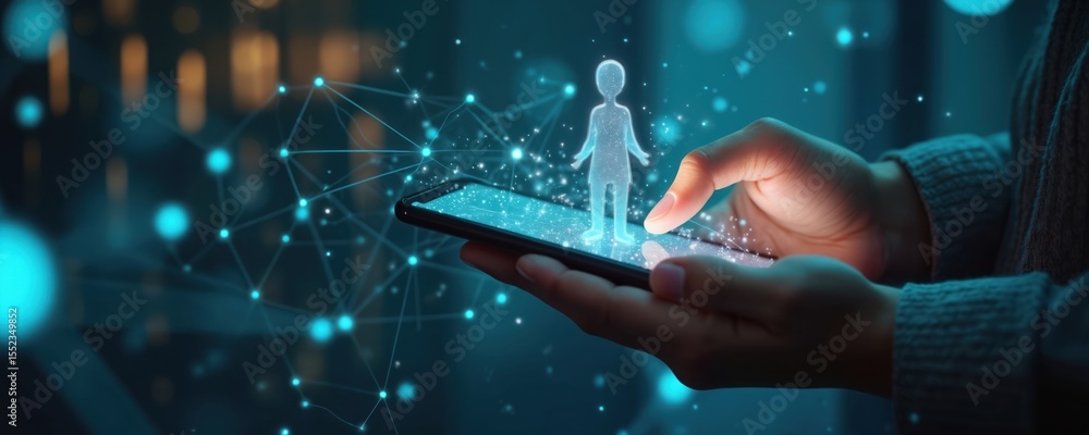 Poster person uses smartphone, interacting with online network. digital connection, ai human figure glows, 