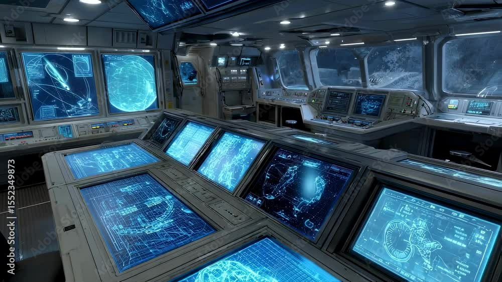 Poster featuring a dimly lit spaceship control room with multiple monitors displaying complex data visualiz