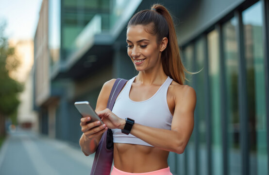Sporty fit woman checks time on smartwatch using smartphone tracking fitness results outdoors urban background. Active female uses mobile app training, tracking progress. Modern tech fitness