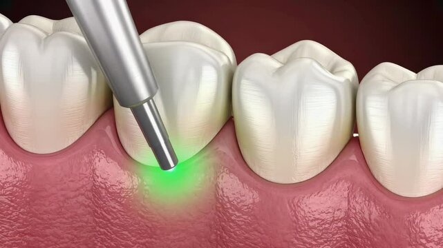 Illustration of a dental laser with green beam treating gums between teeth in medical procedure