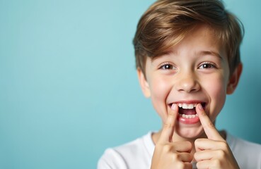 Happy boy shows milk teeth change. Child smiles, points finger. Tooth falling out, dental health, kids oral hygiene, dental care, toothache, kids dentist. Healthy gums, good teeth. Children dentistry