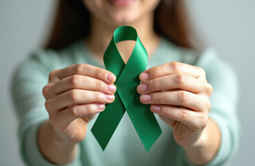 Woman hands holding green awareness ribbon. Symbol of support for mental health kidney cancer awareness. World Mental Health Day. Charity aid, help campaign. April is month of health awareness.