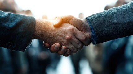 Two men shake hands in a professional setting, symbolizing a successful business agreement, showcasing unity and collaboration in a dynamic, corporate environment.