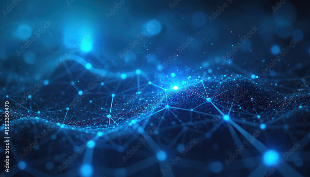 Poster Abstract illustration digital cyberspace, network connections, particles. Shows access digital data, data analysis on blue background. Digital security, futuristic tech, artificial intelligence in