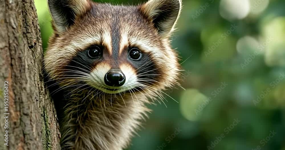 Poster close up of raccoon peeking from behind a tree trunk in a forest setting with green foliage blurred 