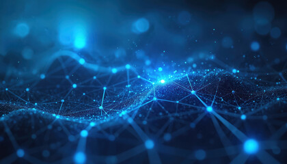 Obraz premium Abstract illustration digital cyberspace, network connections, particles. Shows access digital data, data analysis on blue background. Digital security, futuristic tech, artificial intelligence in
