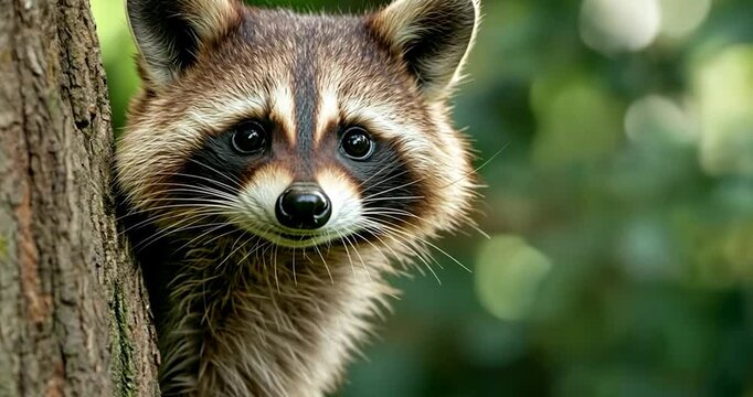 Close up of raccoon peeking from behind a tree trunk in a forest setting with green foliage blurred background and soft lighting