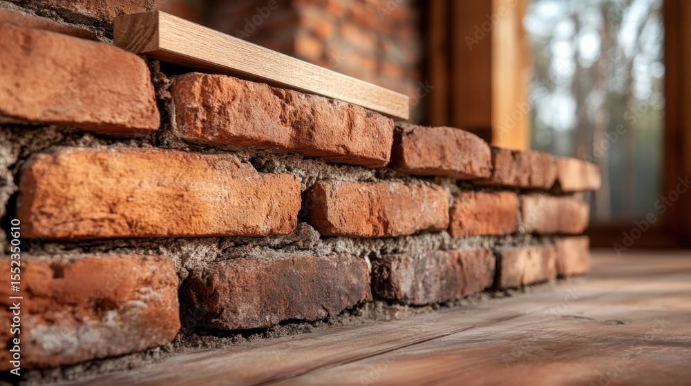 Poster a close-up view of a rustic brick wall, highlighting the texture and structure, complemented by a sl