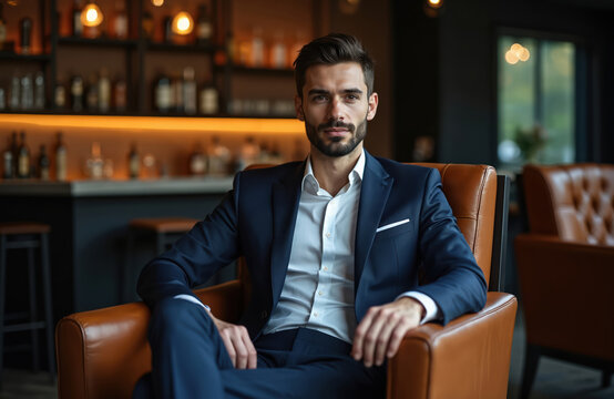 Elegant businessman in a navy suit sits leather armchair. Confident executive at office in luxury interior. Successful male at business meeting at restaurant or club. - Powered by Adobe