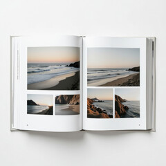 Open photo book displaying five coastal landscape images. Pictures feature waves, rocky cliffs, and a serene sky at sunrise. Text on left: "eleven seventy-three" and right: "seventeen."